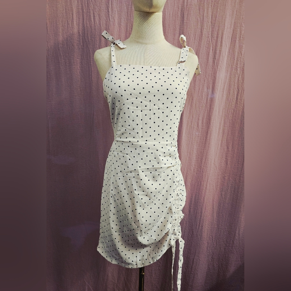 Lumiere Women Shoulder Tie Side Ruched Polka Dot Mini Dress- Large Nwt